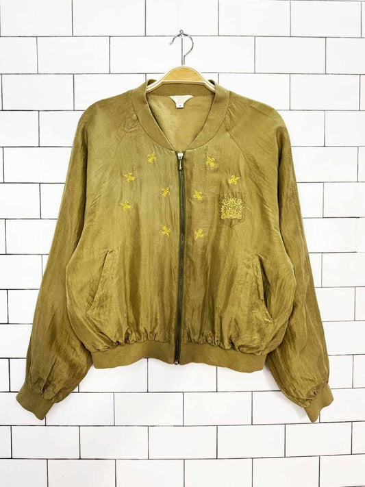 vintage 90s SJ 100% silk embroidered crest pocket bomber jacket - good market thrift store