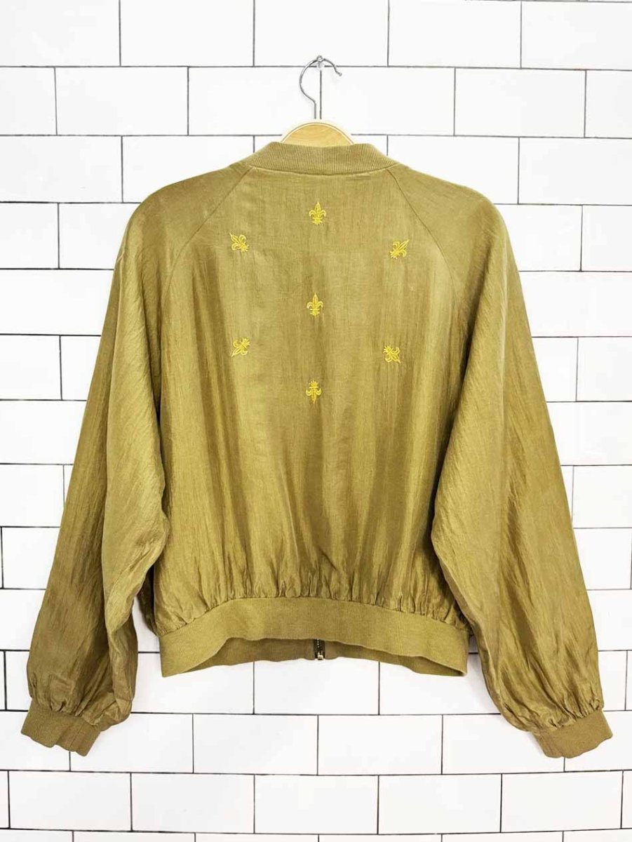 vintage 90s SJ 100% silk embroidered crest pocket bomber jacket - good market thrift store