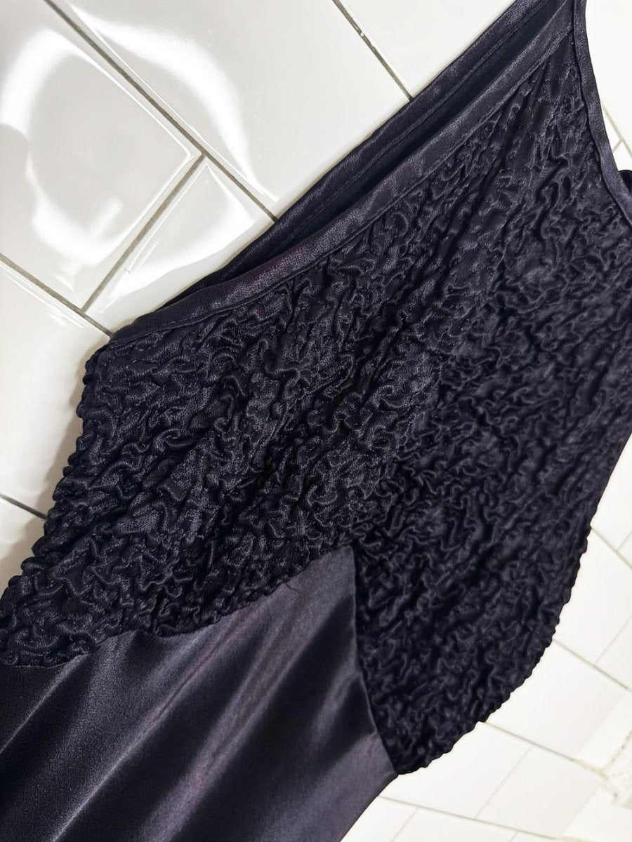 vintage 90s smocked bustier halter satin bias cut maxi gown - good market thrift store
