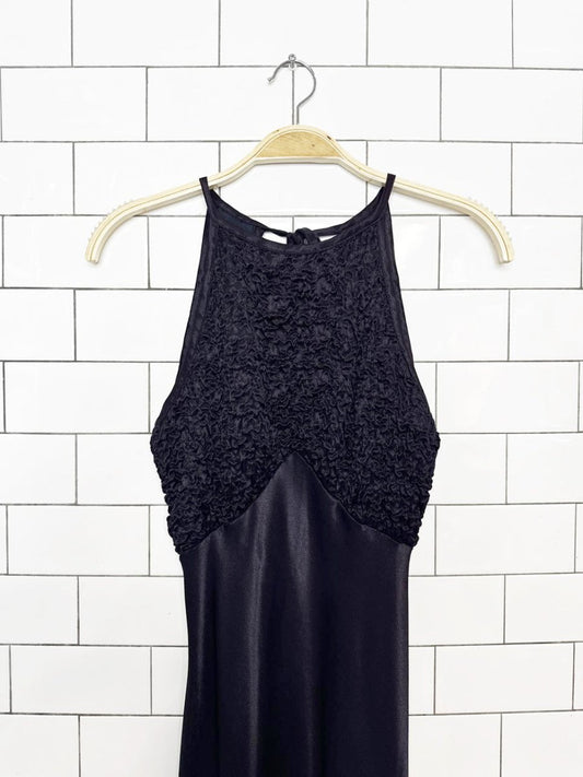 vintage 90s smocked bustier halter satin bias cut maxi gown - good market thrift store