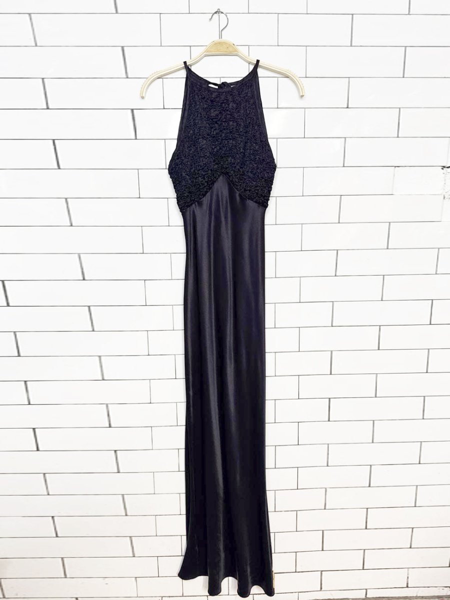 vintage 90s smocked bustier halter satin bias cut maxi gown - good market thrift store