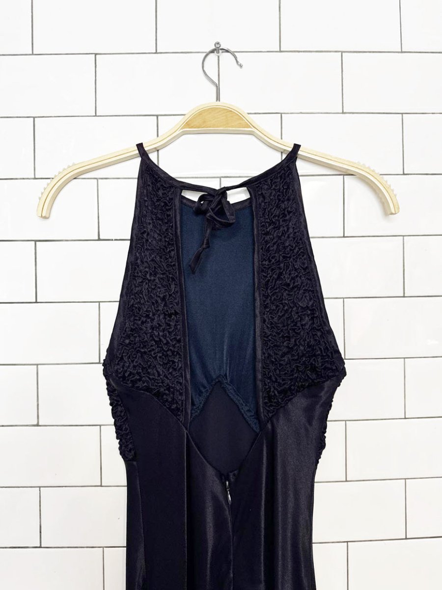 vintage 90s smocked bustier halter satin bias cut maxi gown - good market thrift store
