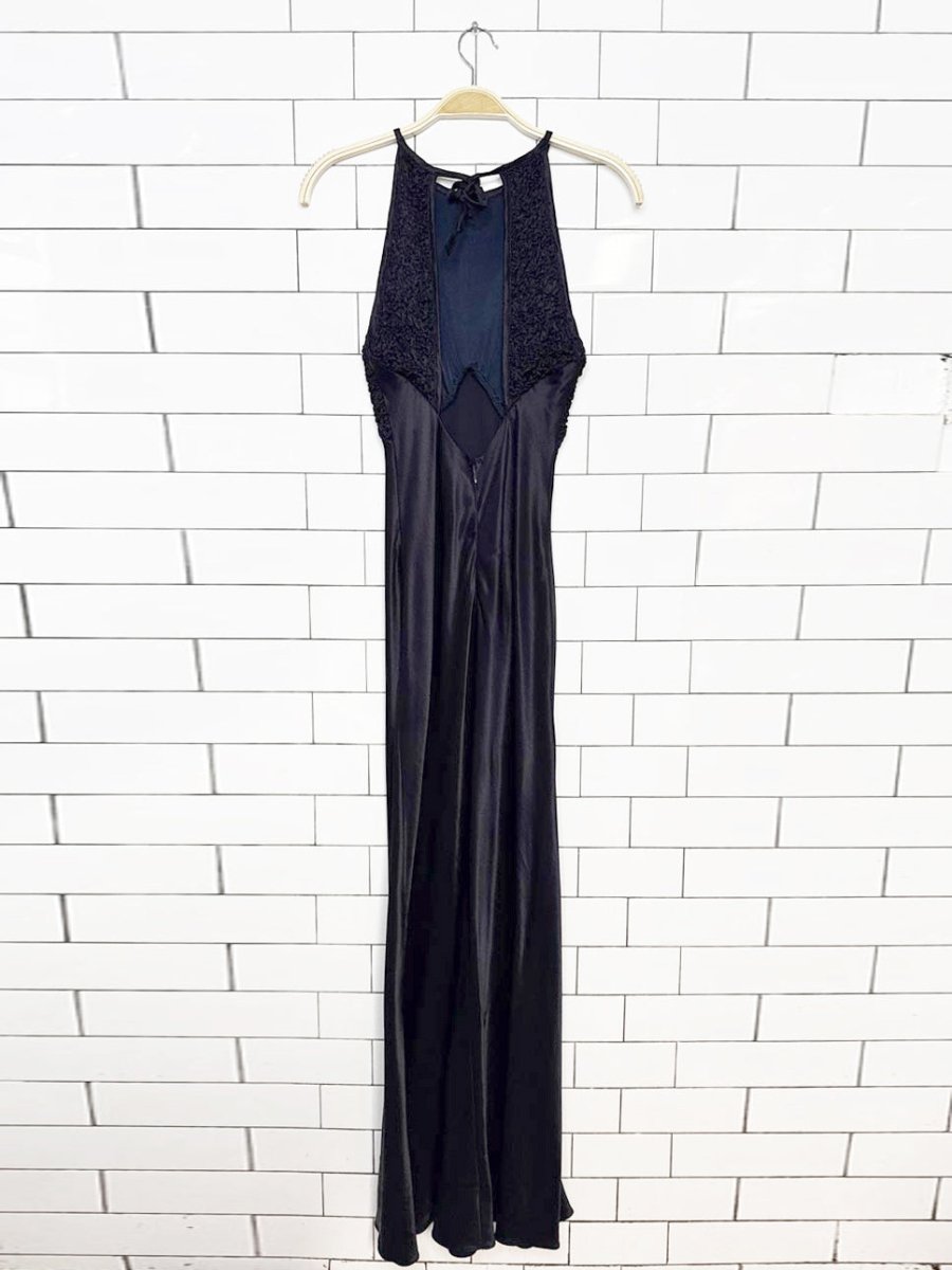 vintage 90s smocked bustier halter satin bias cut maxi gown - good market thrift store