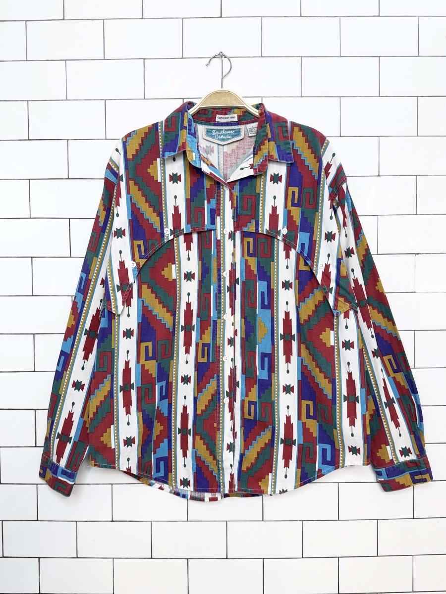 vintage 90s southwest canyon vibrant geometric western full button shirt - good market thrift store