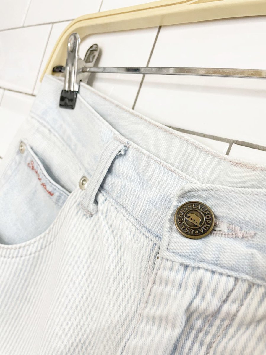 vintage 90s squeeze jeans blue stripe carpenter denim shorts - good market thrift store