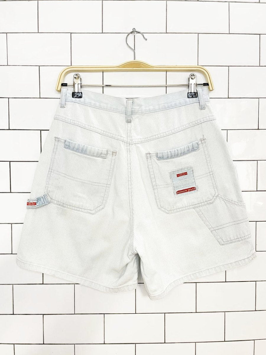 vintage 90s squeeze jeans blue stripe carpenter denim shorts - good market thrift store