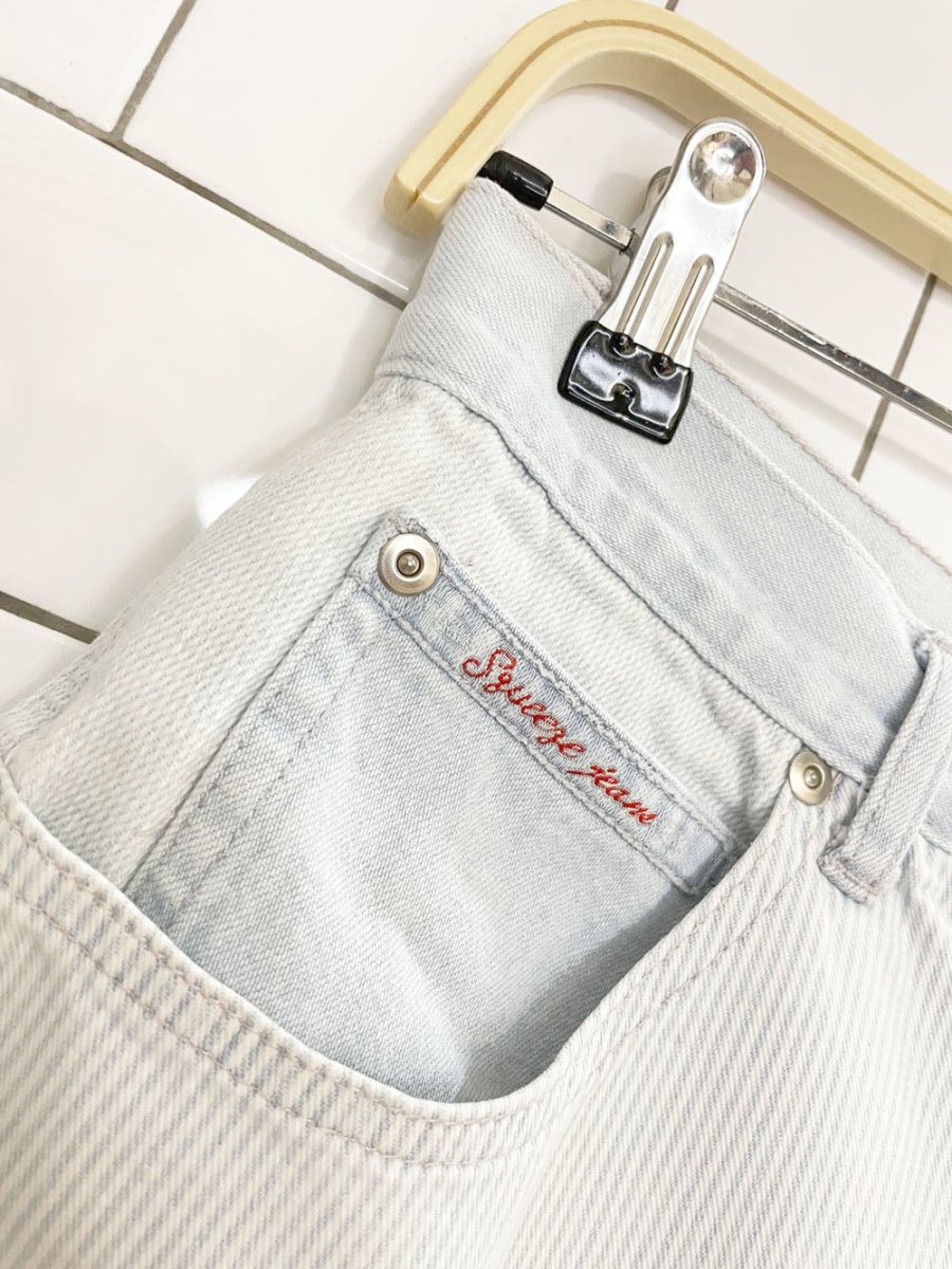 vintage 90s squeeze jeans blue stripe carpenter denim shorts - good market thrift store