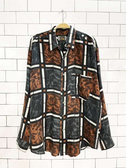 vintage 90s stones silks 100% silk abstract check full button blouse - good market thrift store