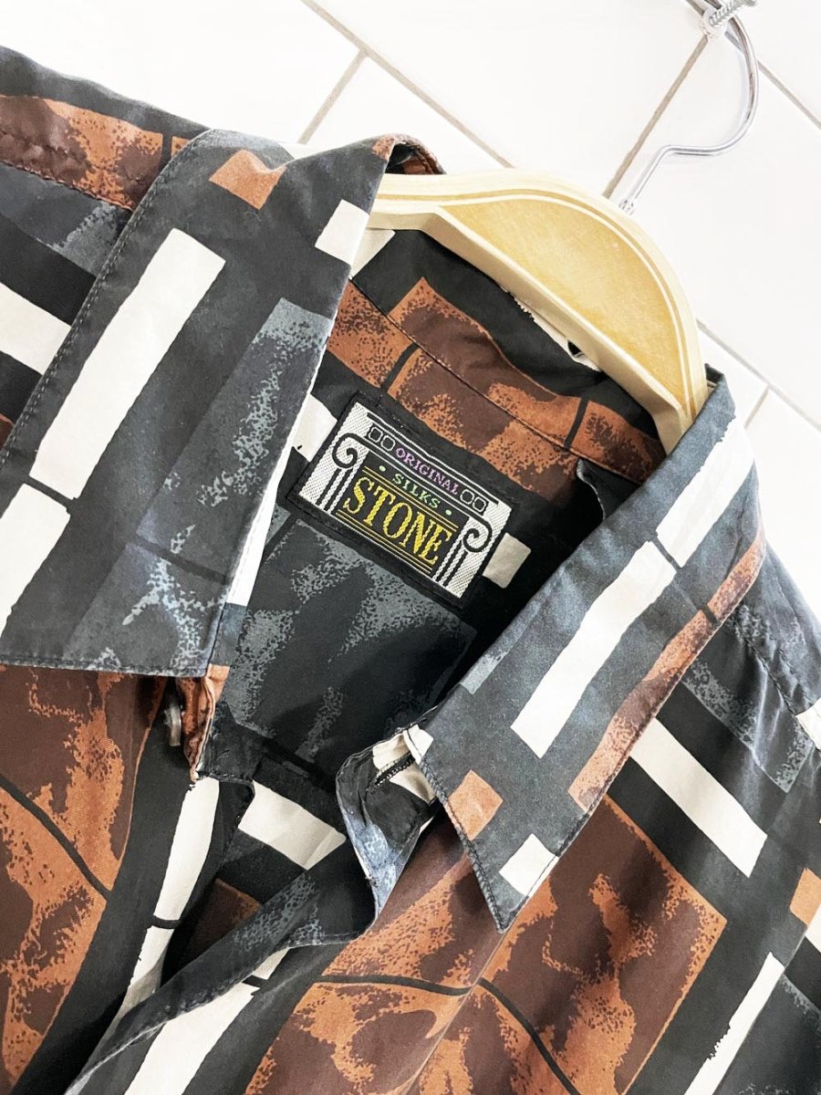 vintage 90s stones silks 100% silk abstract check full button blouse - good market thrift store