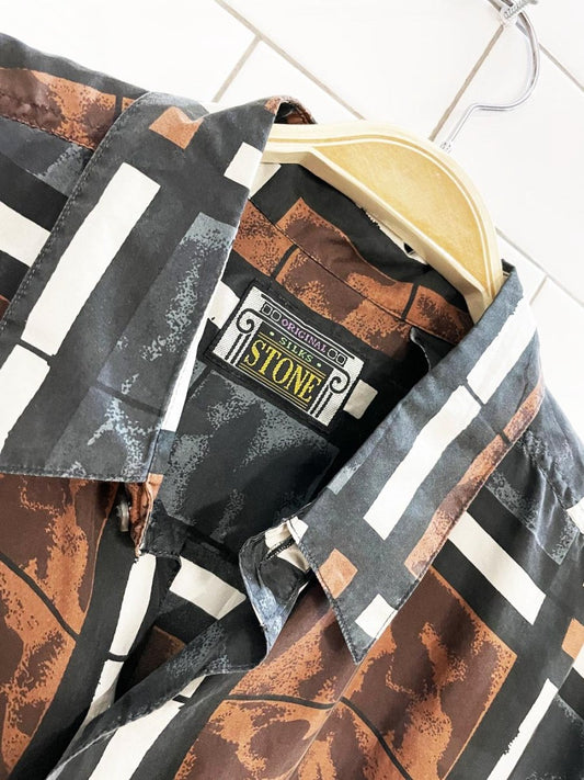 vintage 90s stones silks 100% silk abstract check full button blouse - good market thrift store