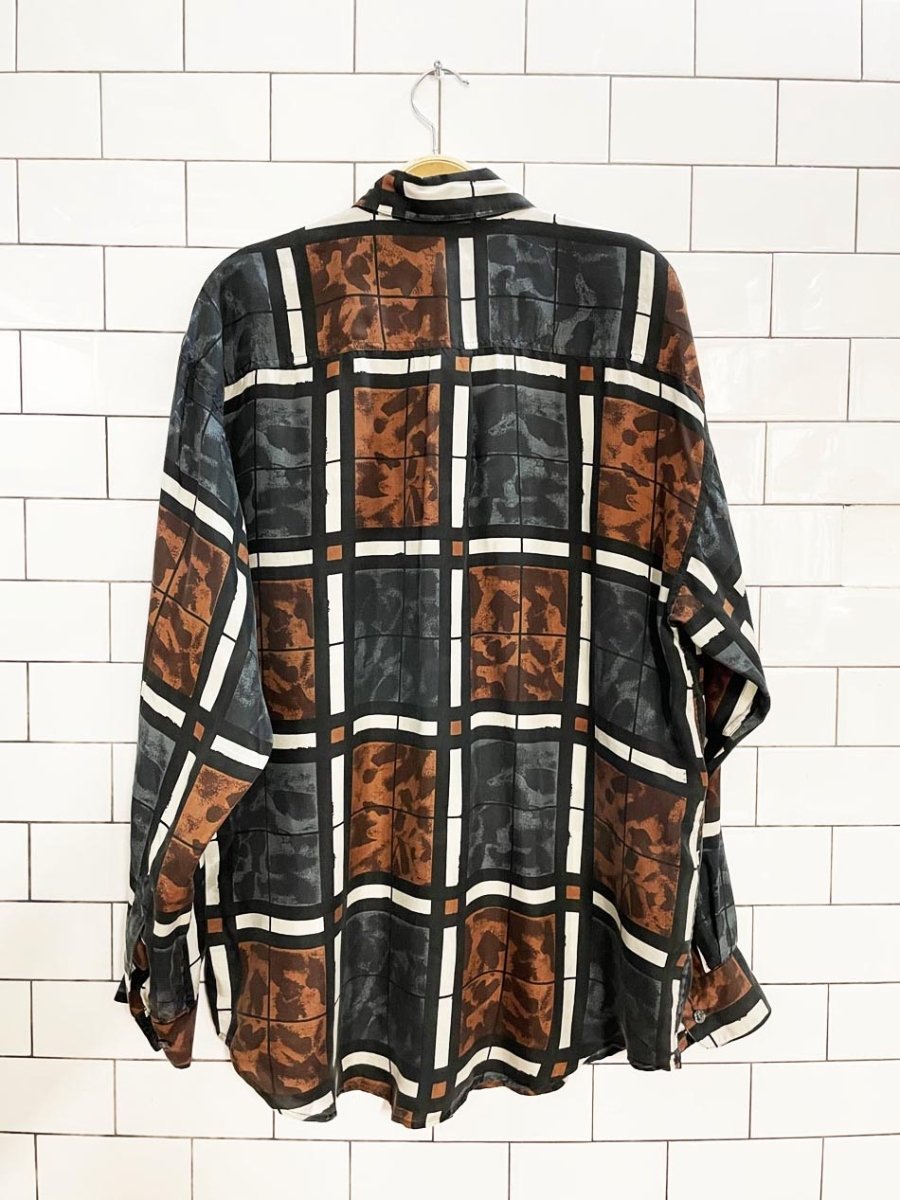 vintage 90s stones silks 100% silk abstract check full button blouse - good market thrift store