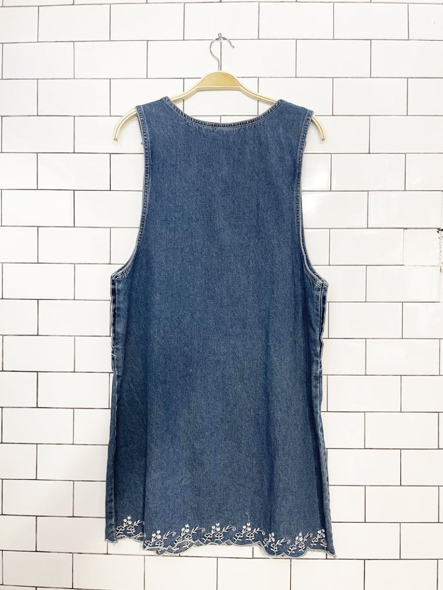 vintage 90s stressed out embroidered denim mini dress - good market thrift store