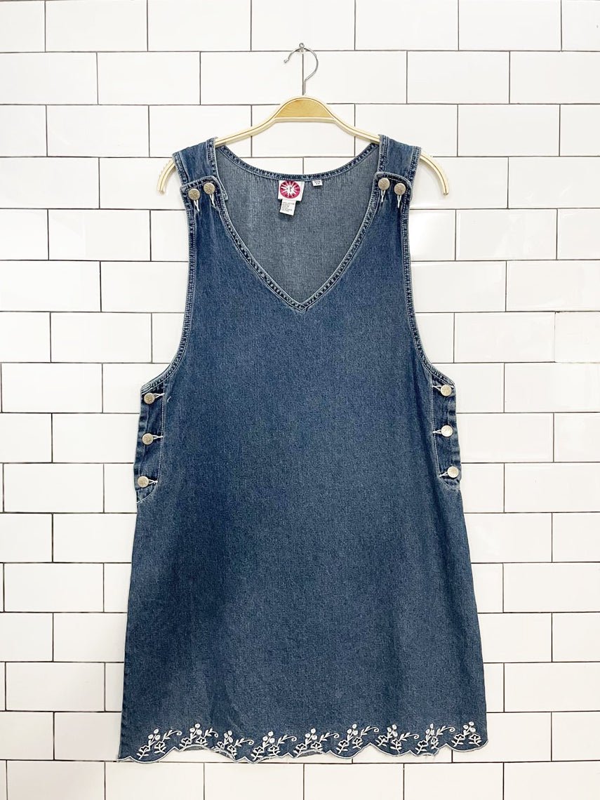 vintage 90s stressed out embroidered denim mini dress - good market thrift store