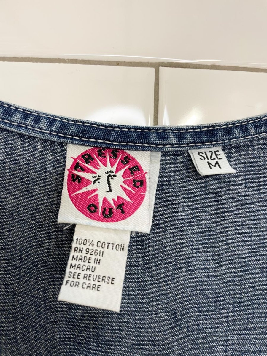 vintage 90s stressed out embroidered denim mini dress - good market thrift store