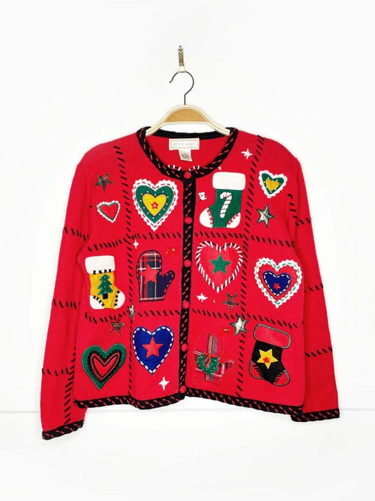 vintage 90s studio works patchwork holiday knit cardigan - good market thrift store