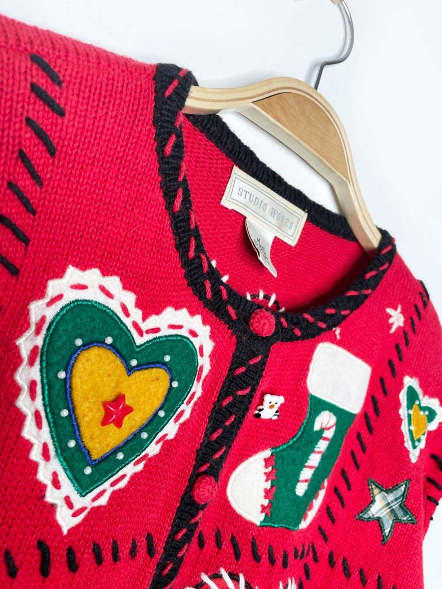 vintage 90s studio works patchwork holiday knit cardigan - good market thrift store