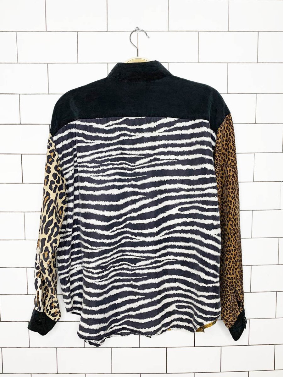 vintage 90s sunny leigh animal print patchwork silk full button shirt - good market thrift store