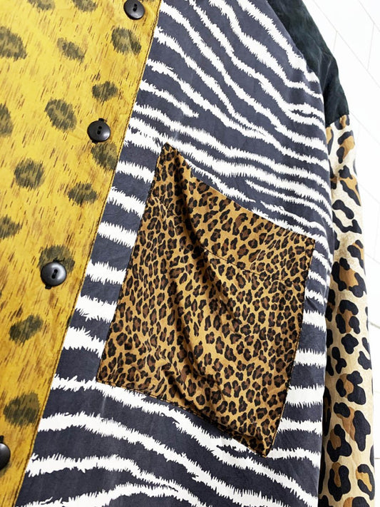 vintage 90s sunny leigh animal print patchwork silk full button shirt - good market thrift store