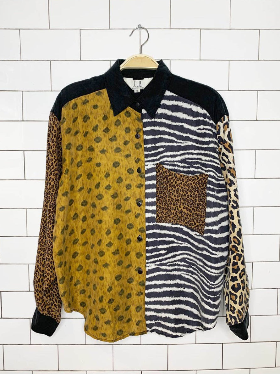 vintage 90s sunny leigh animal print patchwork silk full button shirt - good market thrift store