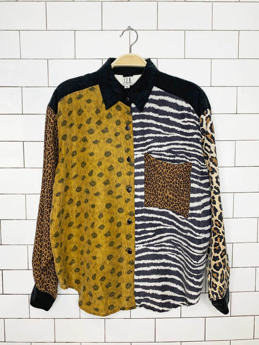 vintage 90s sunny leigh animal print patchwork silk full button shirt - good market thrift store
