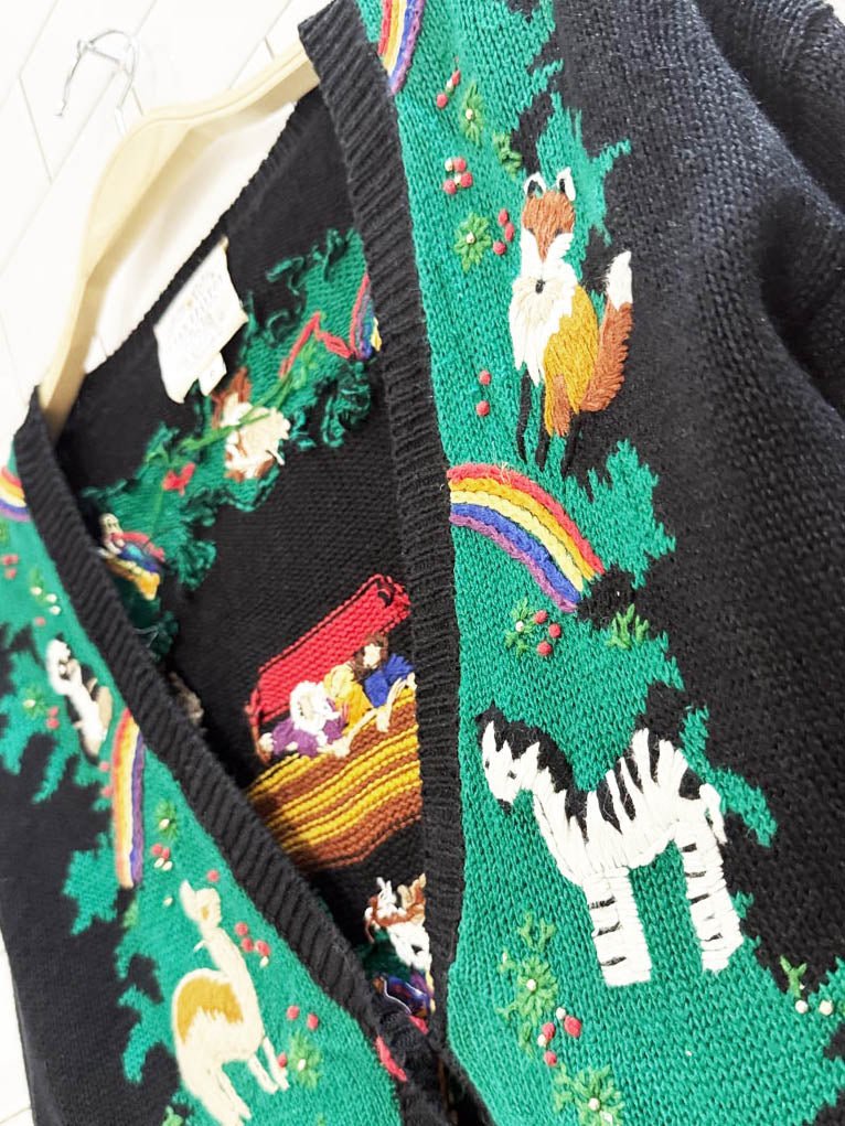 vintage 90s susan bristol hand - embroidered noahs ark knit cardigan - good market thrift store