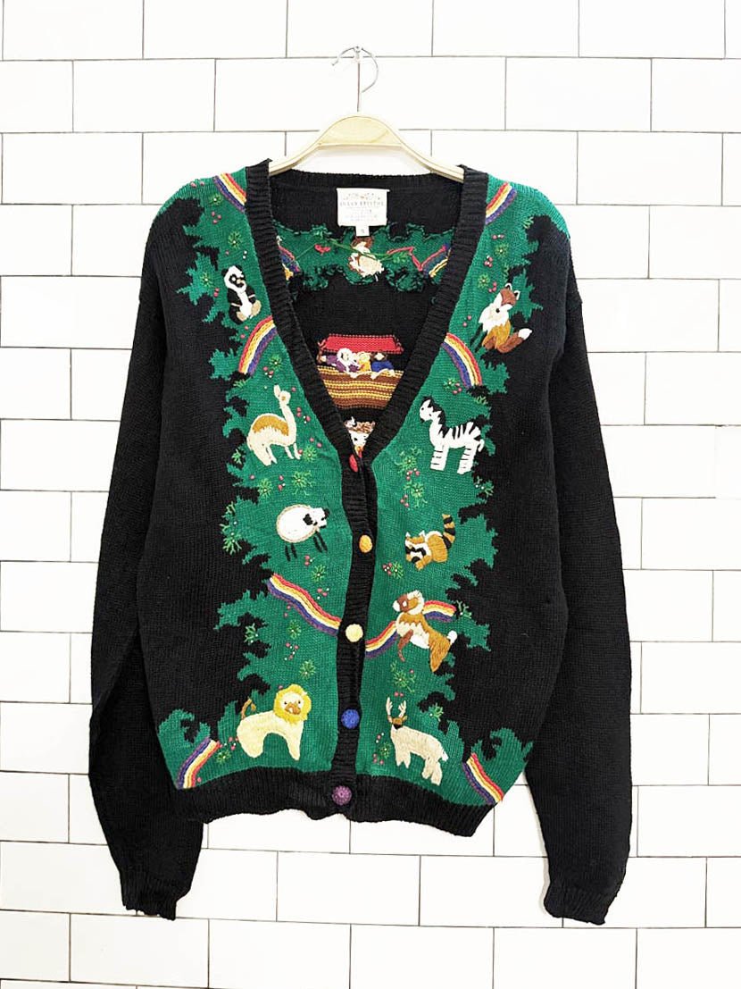 vintage 90s susan bristol hand - embroidered noahs ark knit cardigan - good market thrift store