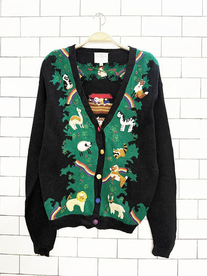 vintage 90s susan bristol hand - embroidered noahs ark knit cardigan - good market thrift store