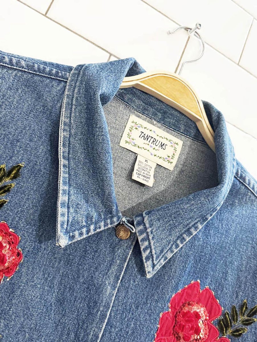 vintage 90s tantrums embroidered sequin floral denim jacket - good market thrift store