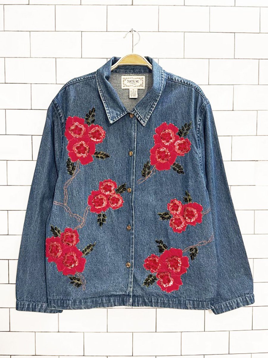 vintage 90s tantrums embroidered sequin floral denim jacket - good market thrift store