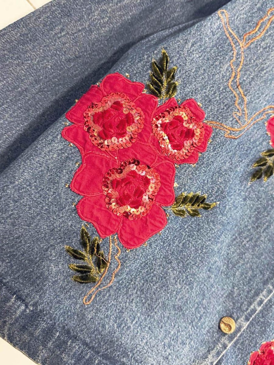 vintage 90s tantrums embroidered sequin floral denim jacket - good market thrift store