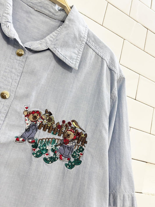 vintage 90s teddy bear gardeners embroidered shirt - good market thrift store