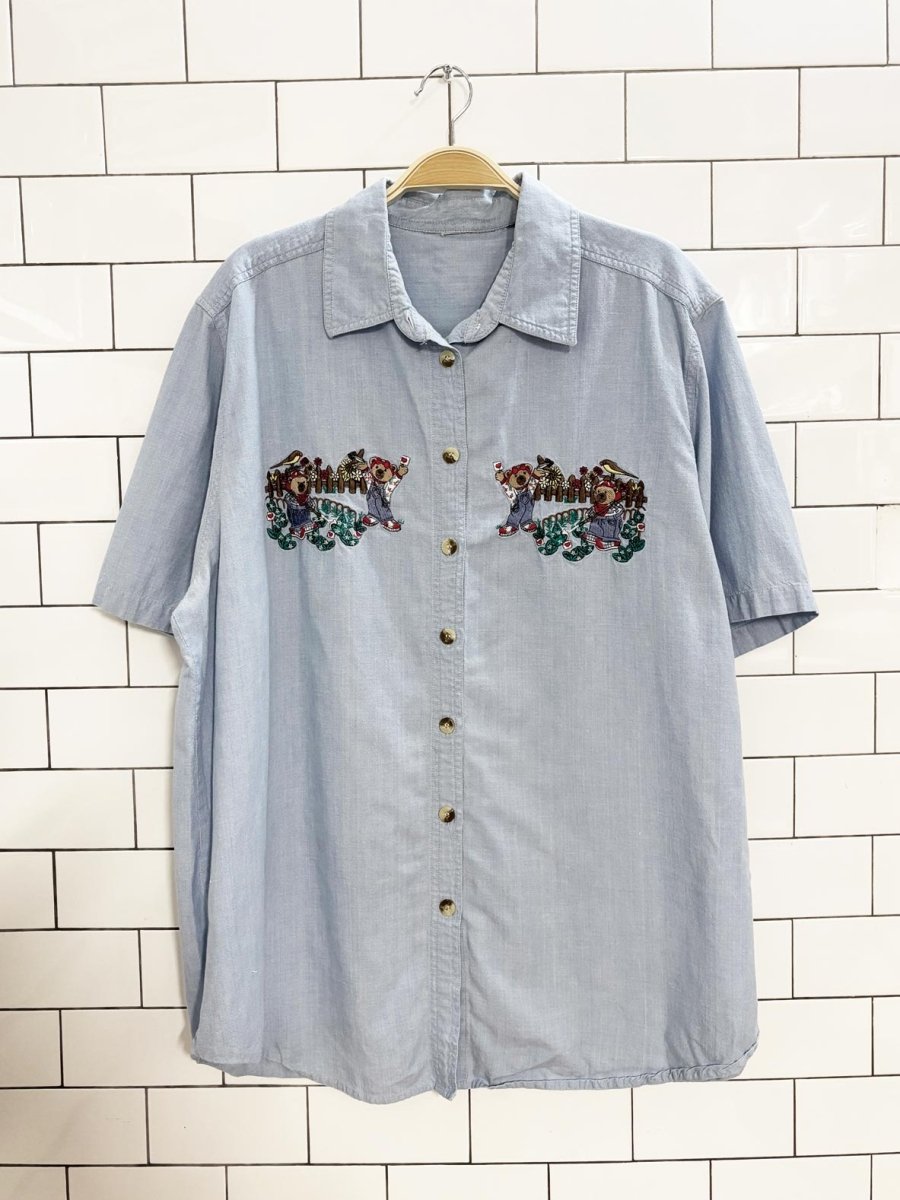 vintage 90s teddy bear gardeners embroidered shirt - good market thrift store