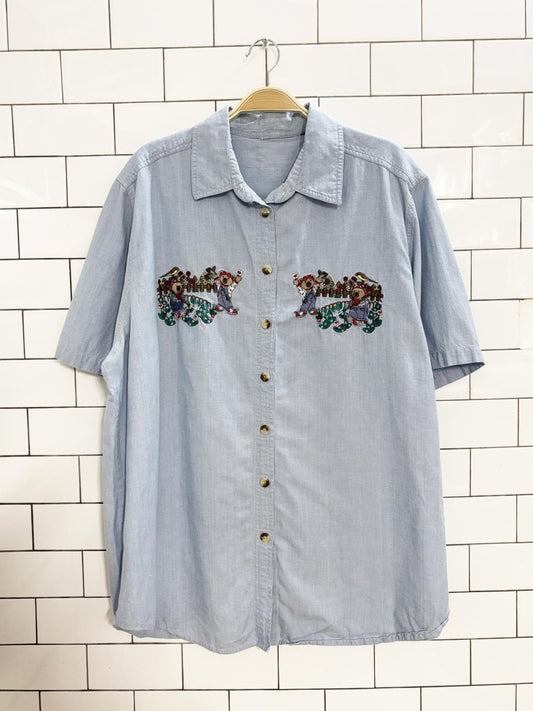 vintage 90s teddy bear gardeners embroidered shirt - good market thrift store