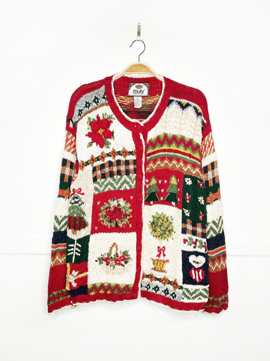 vintage 90s tiara holiday patchwork chunky knit cardigan - good market thrift store