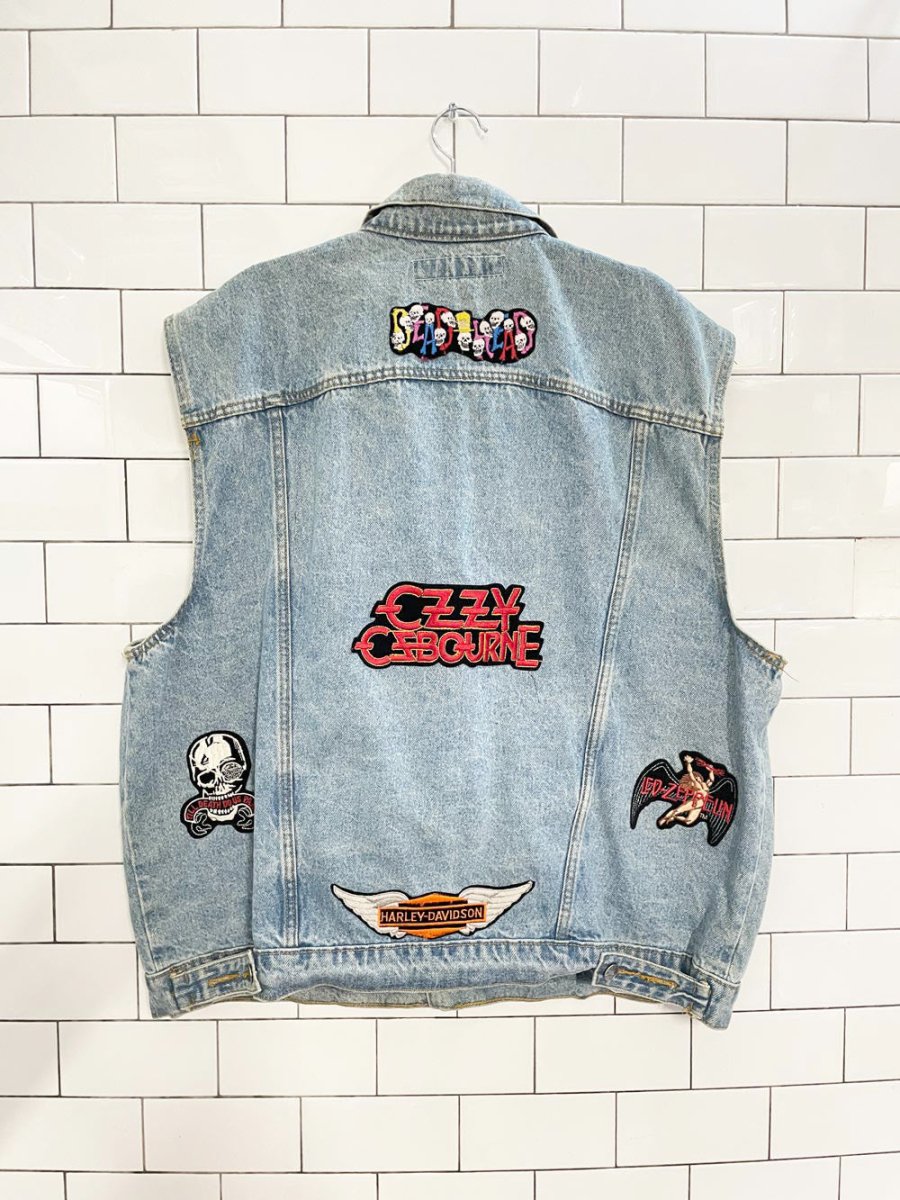 vintage 90s todays news patch denim vest | harley davison | ozzy ozbourne | led zeppelin - good market thrift store