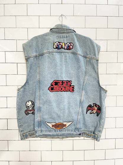 vintage 90s todays news patch denim vest | harley davison | ozzy ozbourne | led zeppelin - good market thrift store