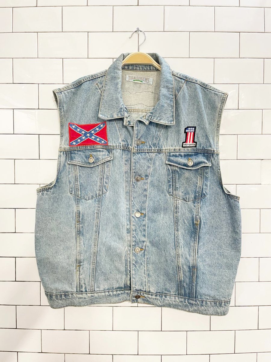 vintage 90s todays news patch denim vest | harley davison | ozzy ozbourne | led zeppelin - good market thrift store