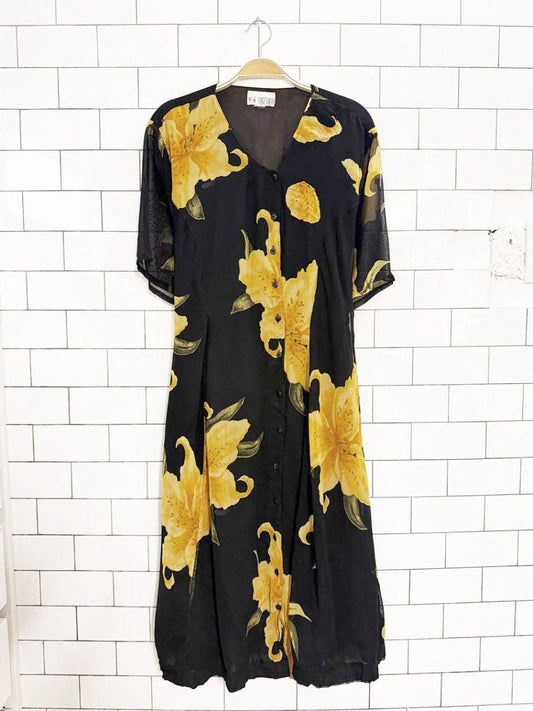 vintage 90s together floral sheer sleeve full button midi dress - good market thrift store