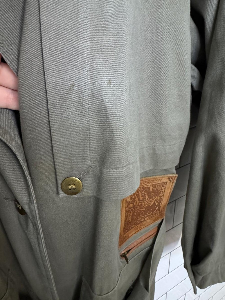 vintage 90s together leather patch belted utility trench coat - good market thrift store