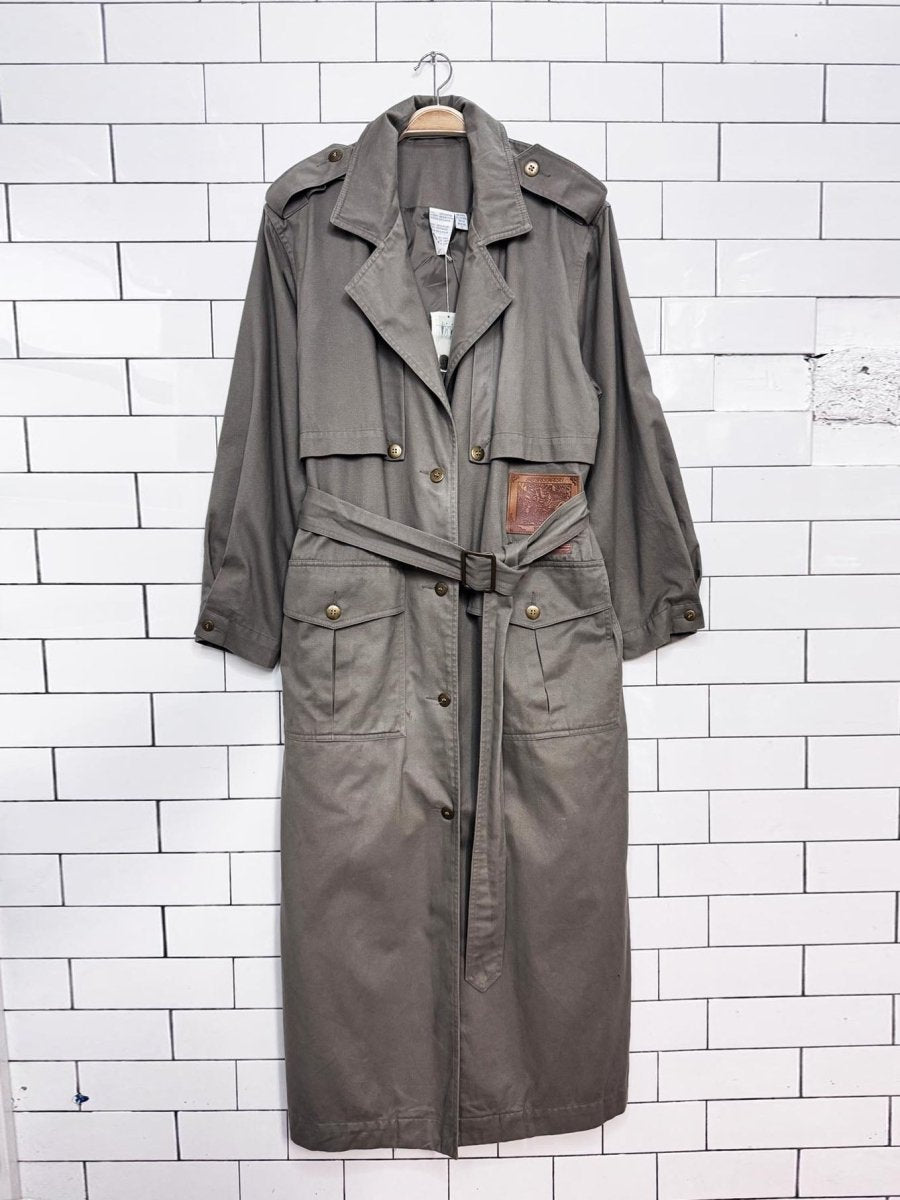 vintage 90s together leather patch belted utility trench coat - good market thrift store