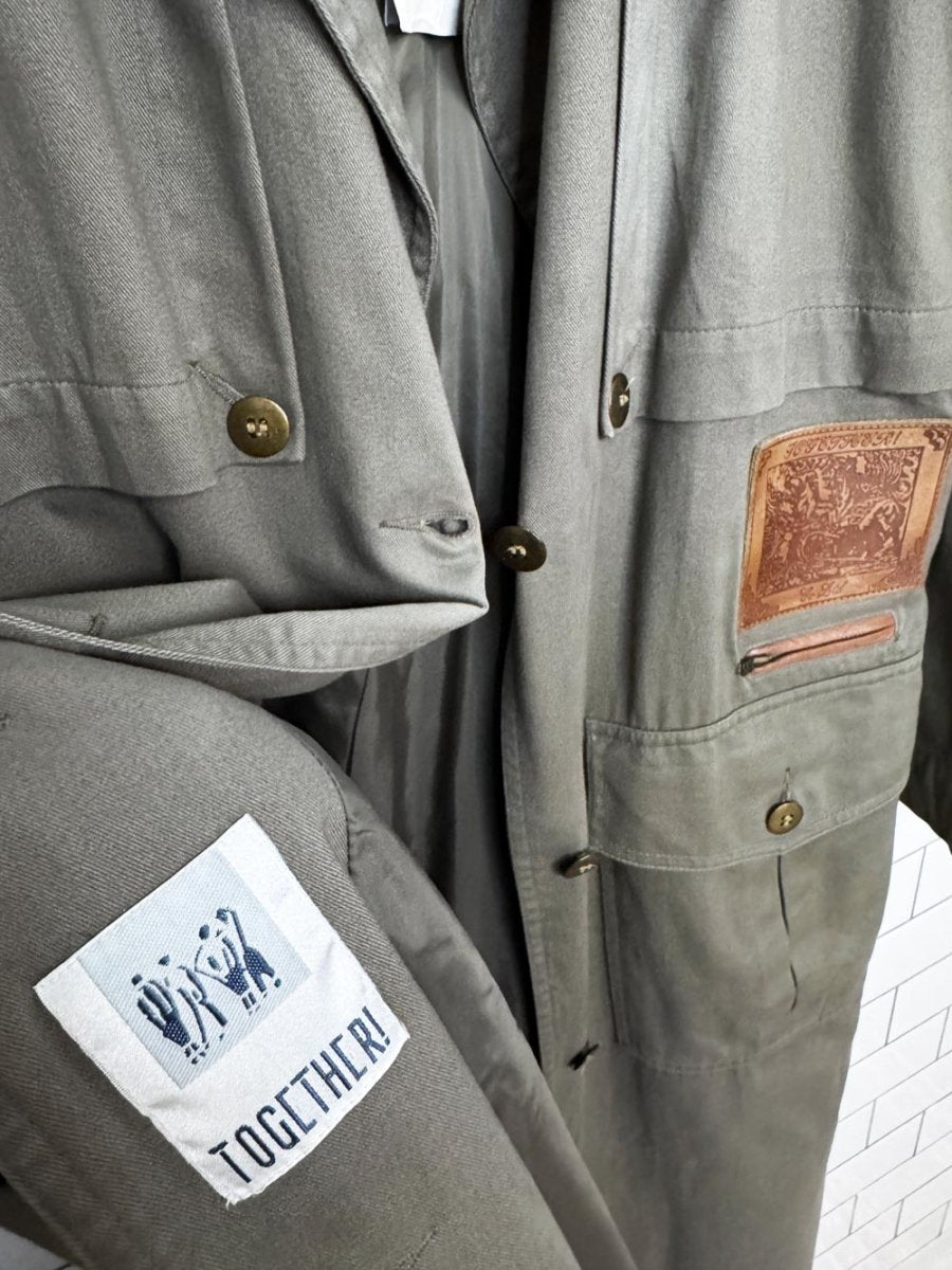 vintage 90s together leather patch belted utility trench coat - good market thrift store