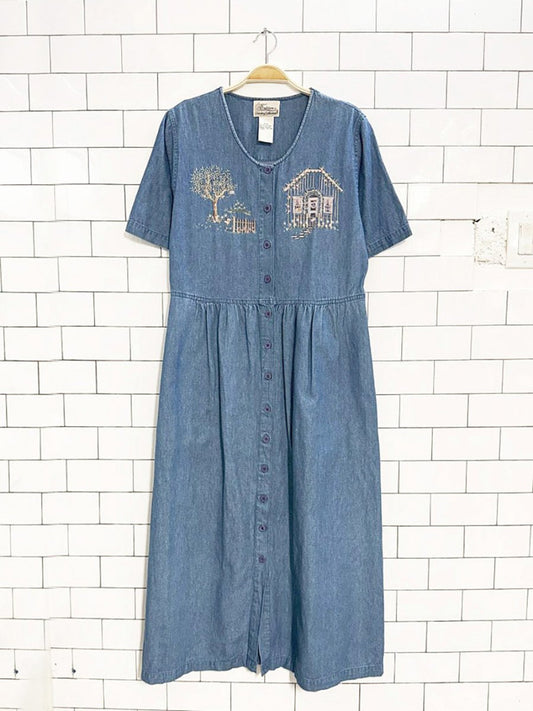 vintage 90s tradition embroidered full button denim maxi dress | country collection - good market thrift store