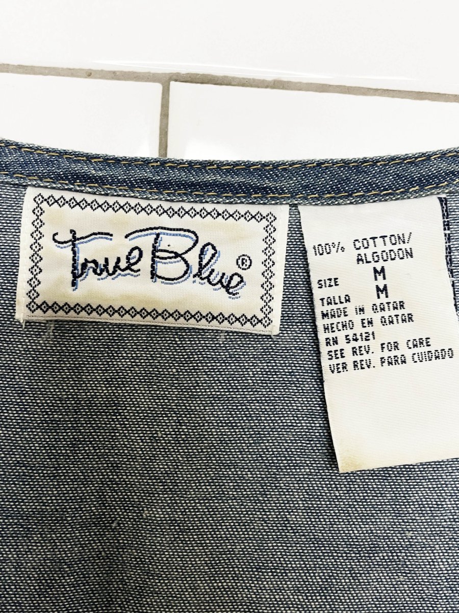 vintage 90s true blue crochet collar full button chambray denim maxi dress - good market thrift store