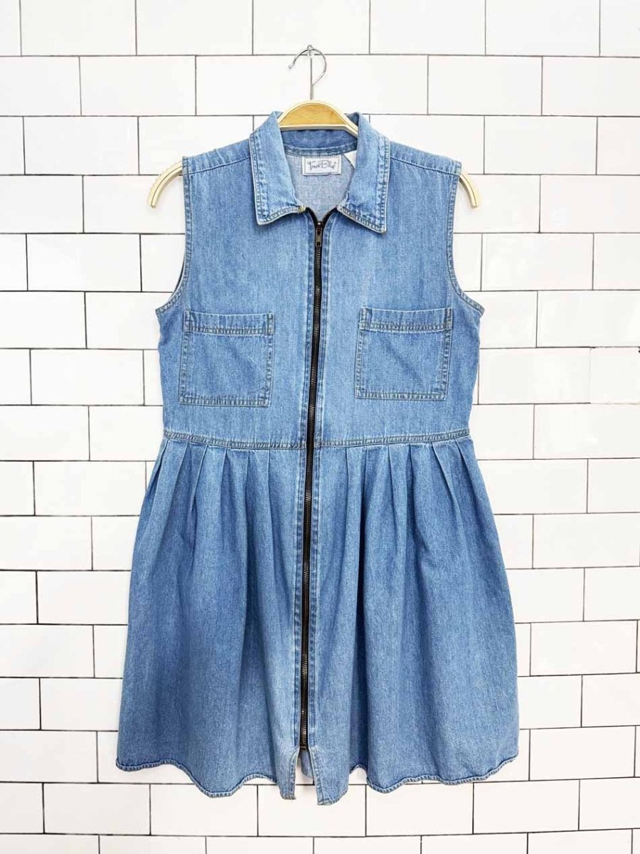 vintage 90s true blue full zip pleated denim mini dress - good market thrift store