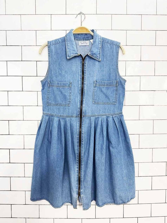 vintage 90s true blue full zip pleated denim mini dress - good market thrift store