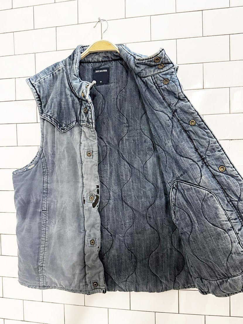 vintage 90s true religion reversible quilted denim vest - good market thrift store
