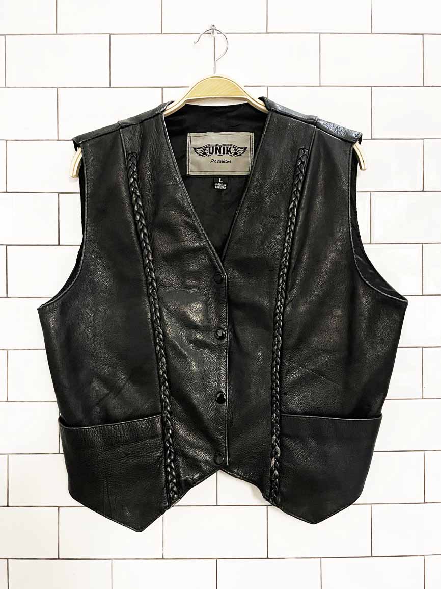 vintage 90s unik premium braided leather snap button vest - good market thrift store