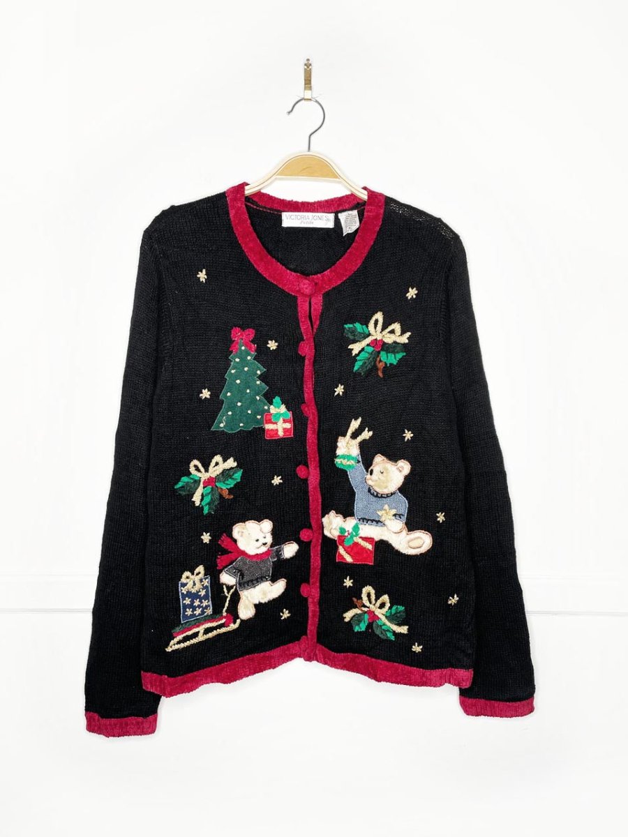 vintage 90s victoria jones holiday teddy bears knit cardigan | chenille trim - good market thrift store