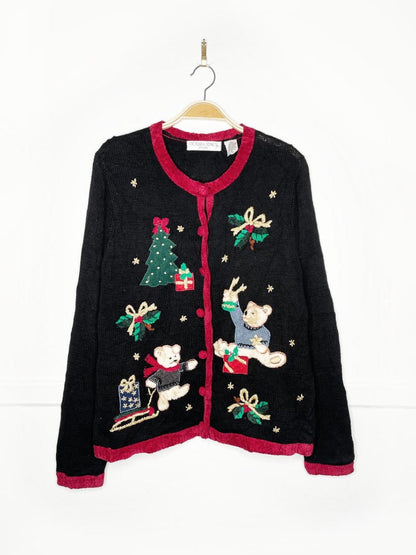 vintage 90s victoria jones holiday teddy bears knit cardigan | chenille trim - good market thrift store
