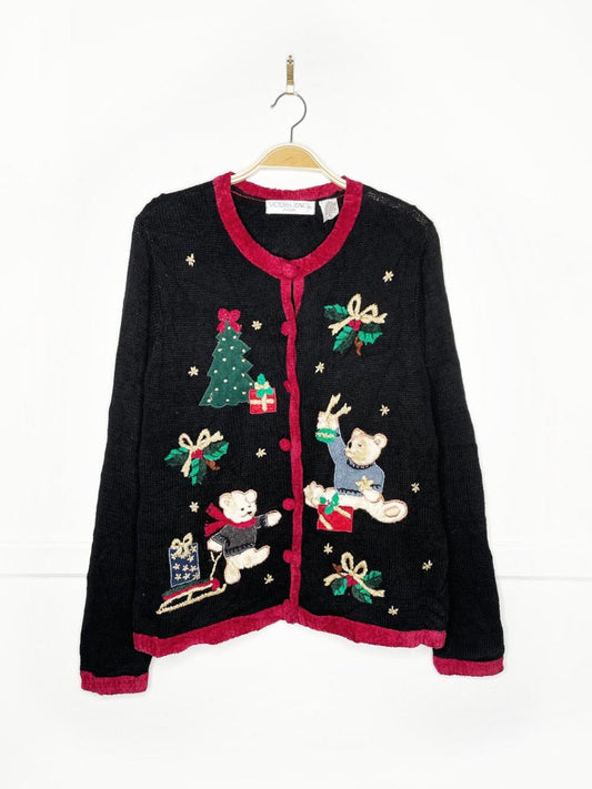 vintage 90s victoria jones holiday teddy bears knit cardigan | chenille trim - good market thrift store